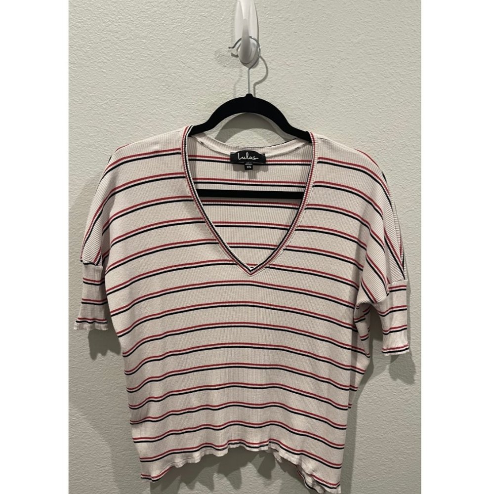 LULUS Striped Antique White Oversized V-Neck Tee